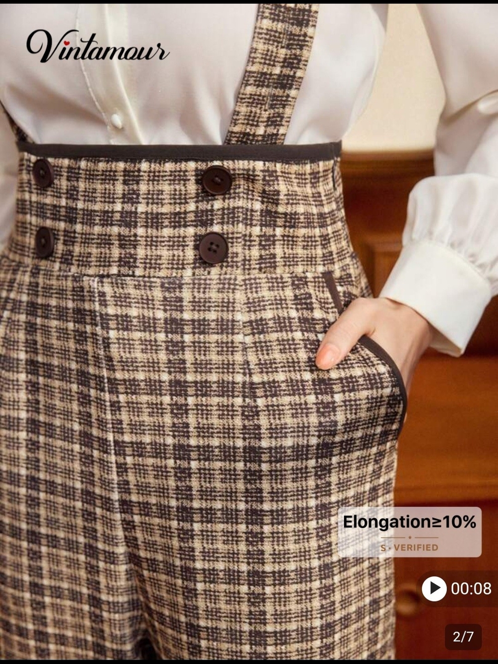 Vintamour High-Waist Plaid Suspender Pants - Cream & Brown